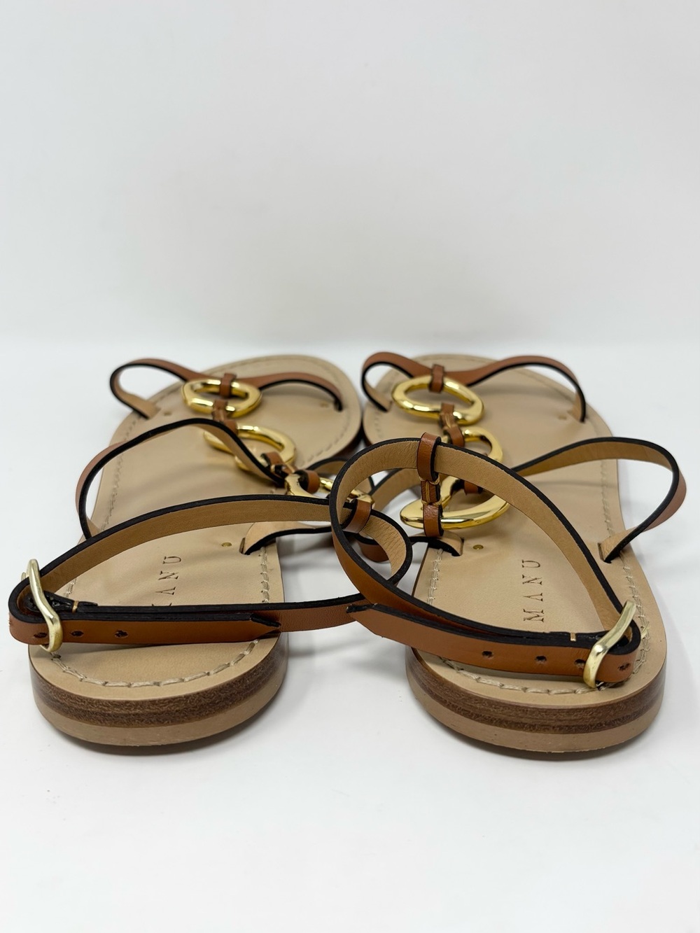 AMANU The Bazaruto Embellished Leather Sandals Cognac Gold Size 40 / 10 NWT - Picture 8 of 16